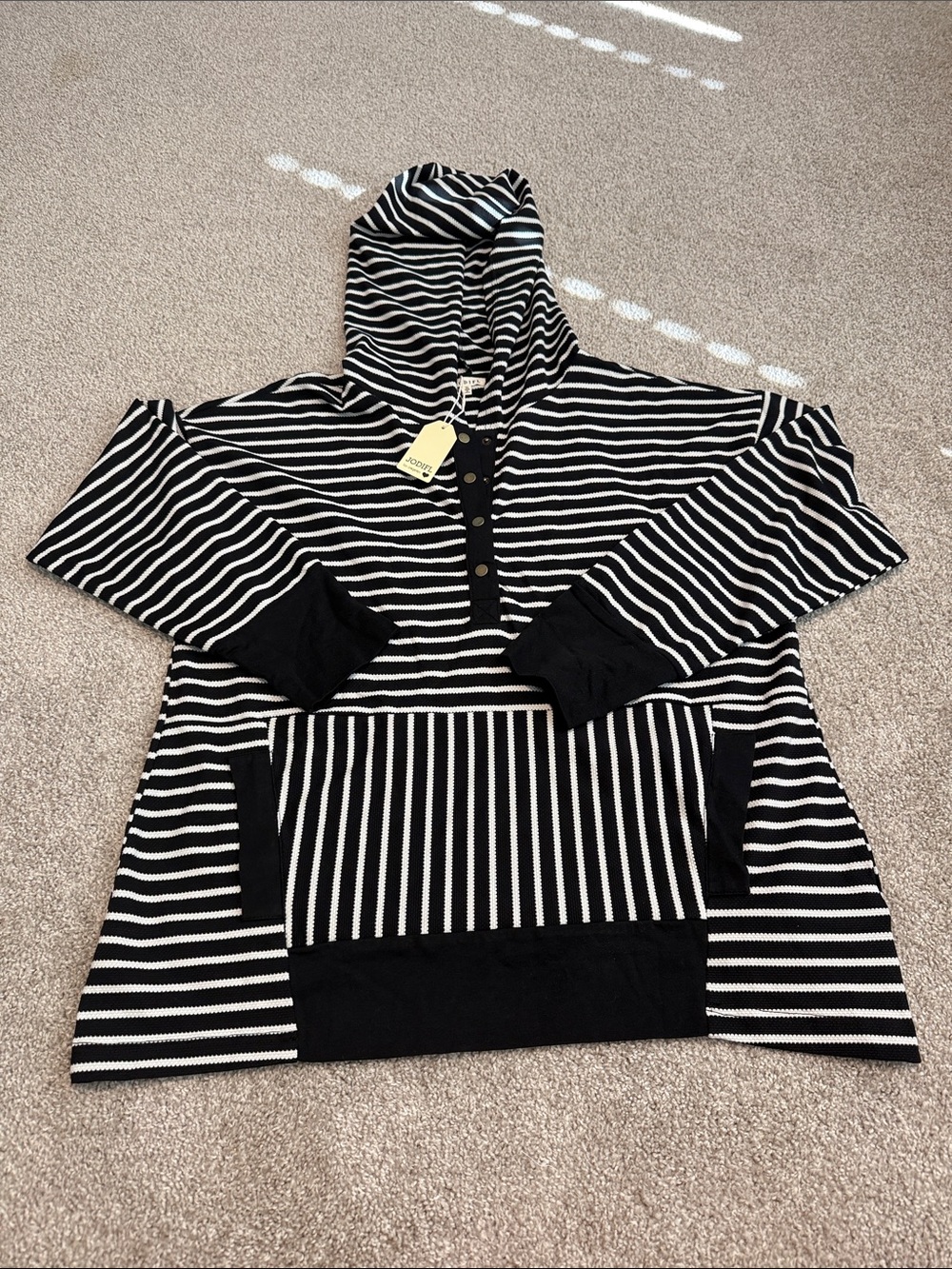 JODIFL Black and White Striped Hooded Pullover